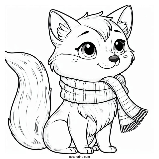 Playful Fox Coloring Page Wearing A Scarf For Kids