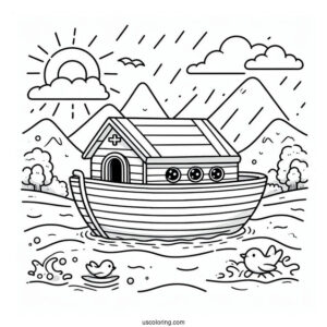 Cute Cartoon Noah's Ark Coloring Page For Kids