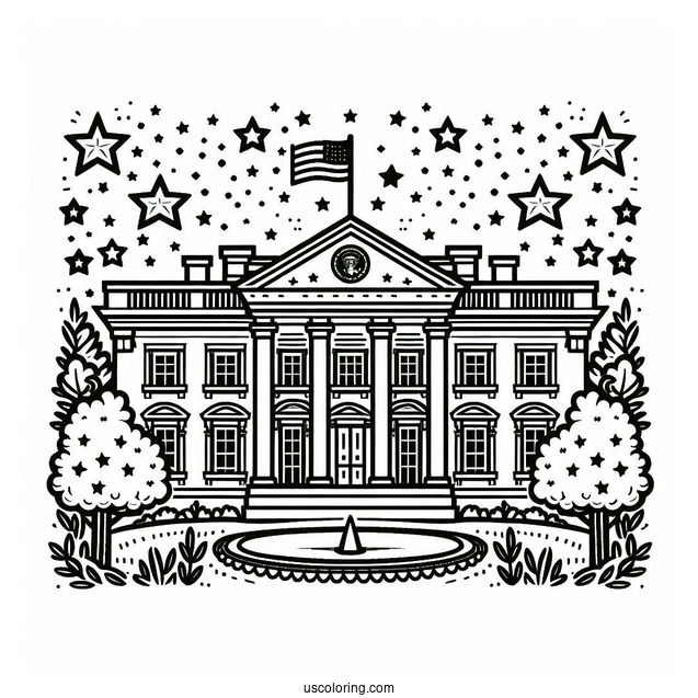 President Coloring Page Of Simple White House Outline Surrounded By Stars For Kids
