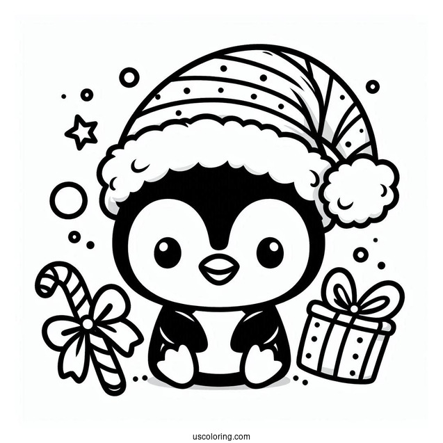 Baby Penguin Wearing Santa Hat Coloring In
