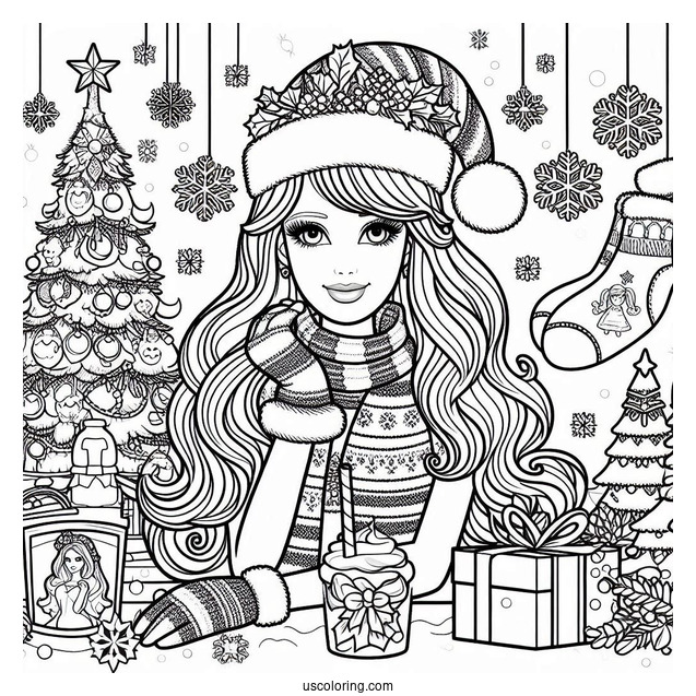 Christmas Themed Barbie Coloring Page
