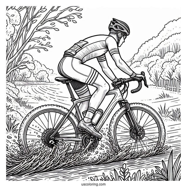 Bicycle Coloring Page Of Professional Cyclist Riding Through Mud