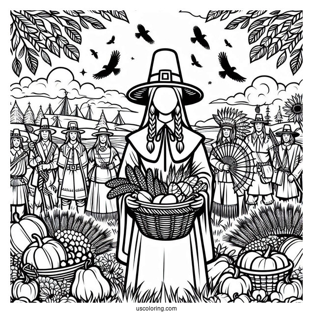 Pilgrim Coloring Page With Native Americans Surrounded By Harvest