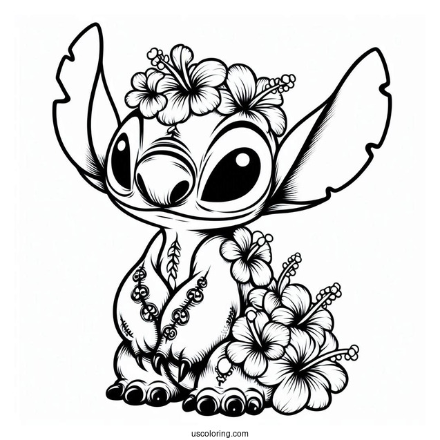 Scary Stitch With Hibiscus Flowers Coloring Page