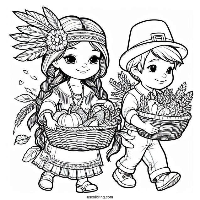 Girl Native American And Boy Pilgrim Coloring Page Carrying Harvest