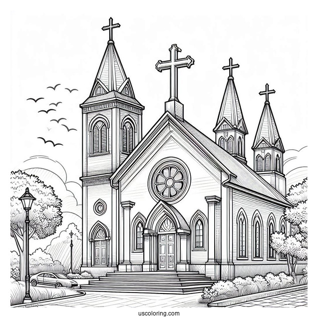 Realistic Church Coloring Page With Three Crosses At The Top