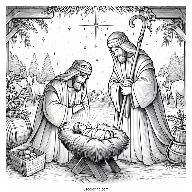 Nativity Coloring Page Of Three Magis Visiting Newborn Jesus In The Manger
