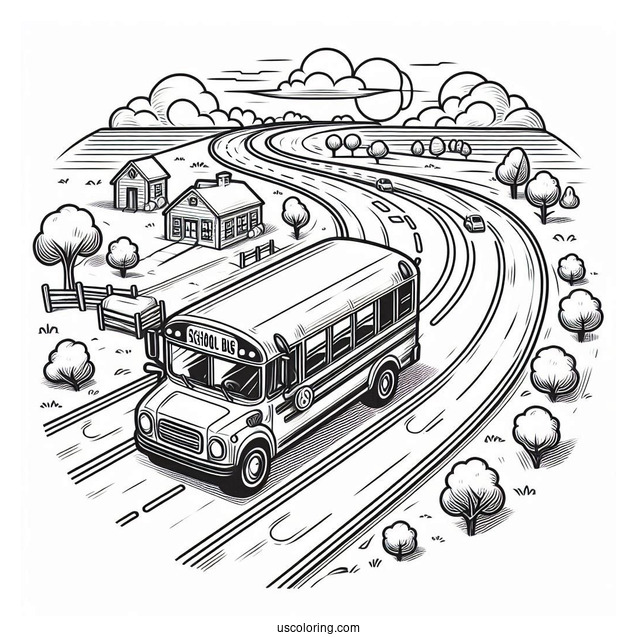 Top View Of Small School Bus Coloring Page On The Road