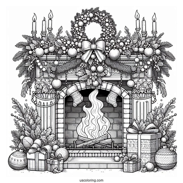 Christmas Coloring Pages For Adults Of Realistic Fireplace With Christmas Garlands And Ornaments