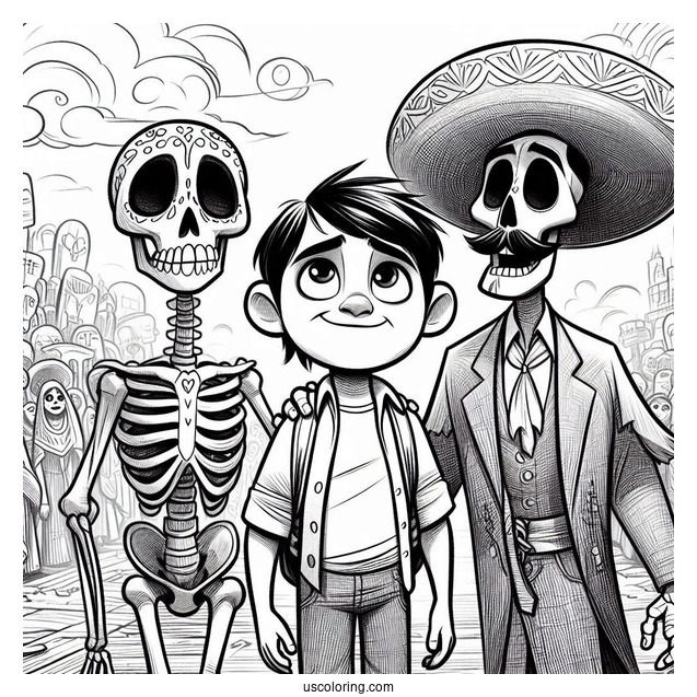 Pixar Coloring Page of Hector, Coco, And Dante In The Land Of The Dead