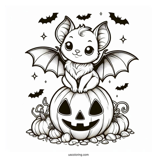 Small Bat Coloring Page Sitting On Jack O Lantern Halloween