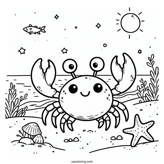 Cartoon Crab Approaching Starfish Coloring Page At Sea