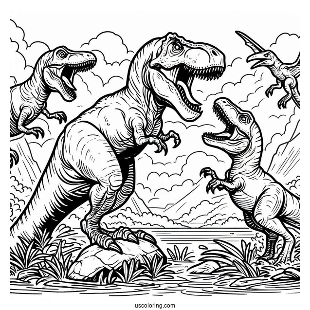 T-Rex Dinosaurs Fighting Velociraptors To Color