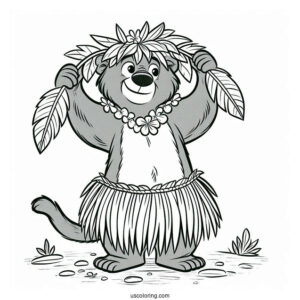 Jungle Book Coloring Page Of Balooo Wearing Hula Skirt And Leaf Headdress For Kids