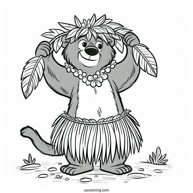 Jungle Book Coloring Page Of Balooo Wearing Hula Skirt And Leaf Headdress For Kids