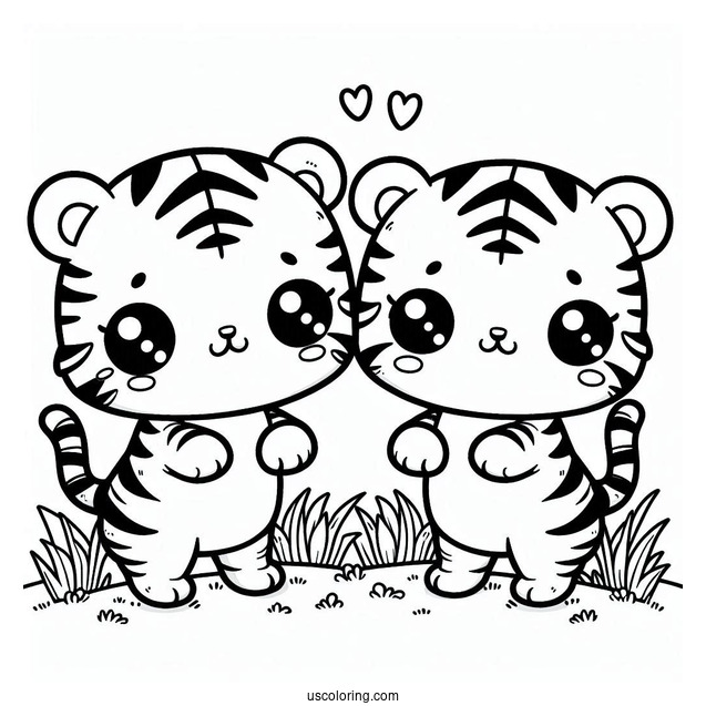 Two Cute Kawaii Tigers Standing On Grass