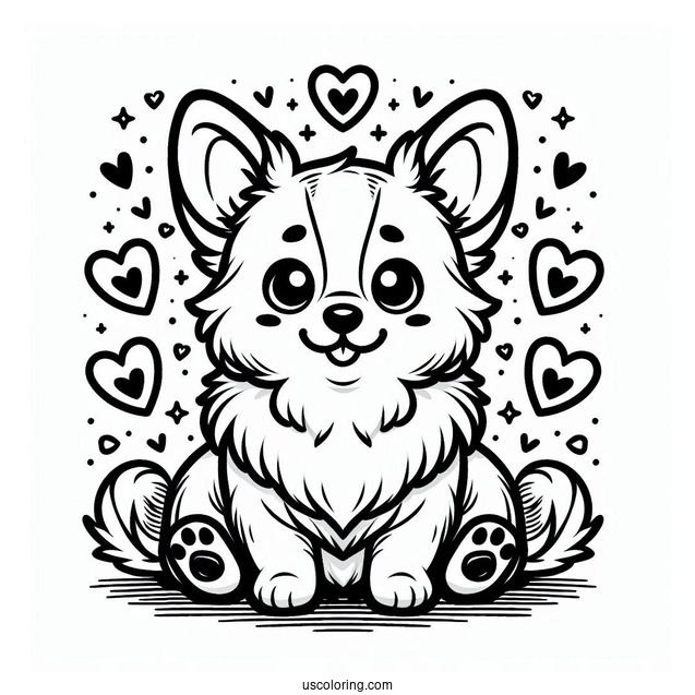 Chibi Corgi Coloring Page With Hearts And Paws In Background