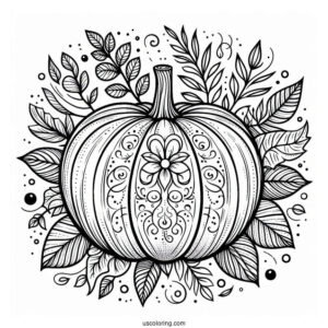 Detailed Pumpkin Coloring Page With Leaves