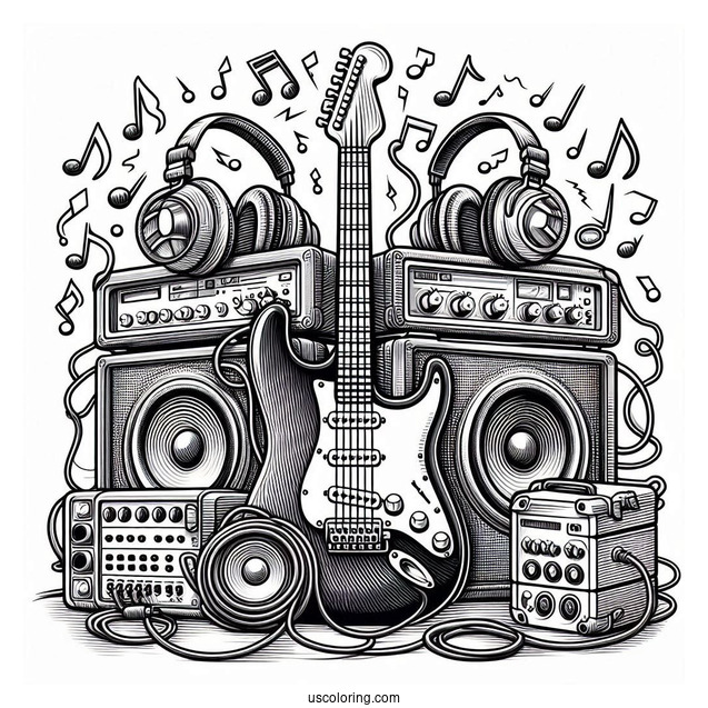 Music Coloring Page Of Electric Guitar With Speakers, Amplifiers, Headphones, And Cables