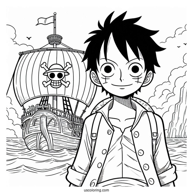 Luffy Coloring Page In Iconic Pose Standing In Front Of Going Merry Ship