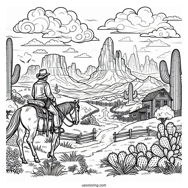 Cowboy Coloring Page Of Wild Wild West Landscape