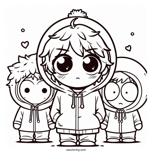 South Park Coloring Page Of Kawaii Kenny, Kyle, Eric, And Stan For Kids