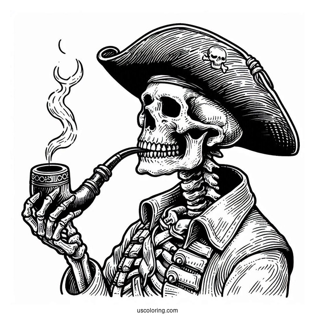 Pirate Coloring Page Skeleton With Hat, Cloak, And Pipe