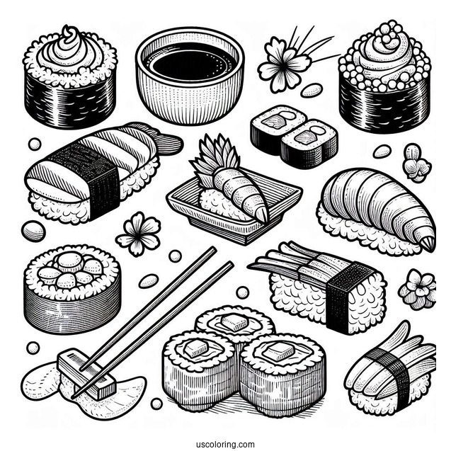 Full Page Temari, Nigiri, Maki, Gunkan Maki, And Inari Sushi Coloring Pages