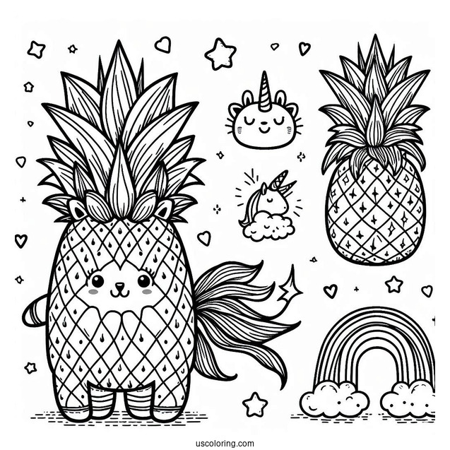 Adorable Pineapple Coloring Page Unicorn With Rainbow For Kids