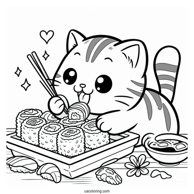 Hungry Cat Enjoying Sushi Coloring Page