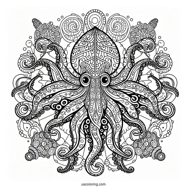 Intricate Nautical Mandala With Octopus Coloring Page In The Middle