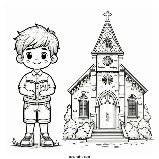 Little Boy Standing In Front Of A Church Coloring Page