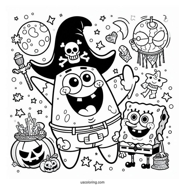 Pirate Patrick Star And SpongeBob Coloring Page On Halloween