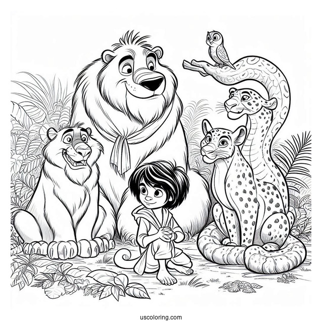Jungle Book Coloring Page Of Baloo, Mowgli, Kaa, King Louie, And Bagheera