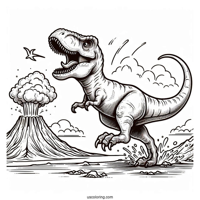 T-Rex Dinosaur Running From Volcano
