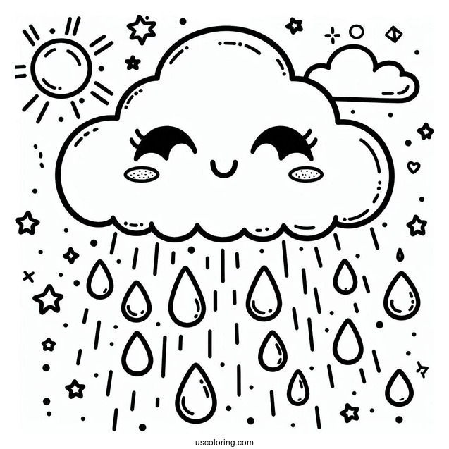 Rain Coloring Page Of Kawaii Raindrops Falling From Cloud For Preschoolers