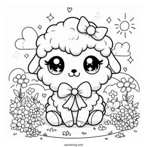 Kawaii Sheep With A Bow Sitting In The Middle Of A Garden In Spring