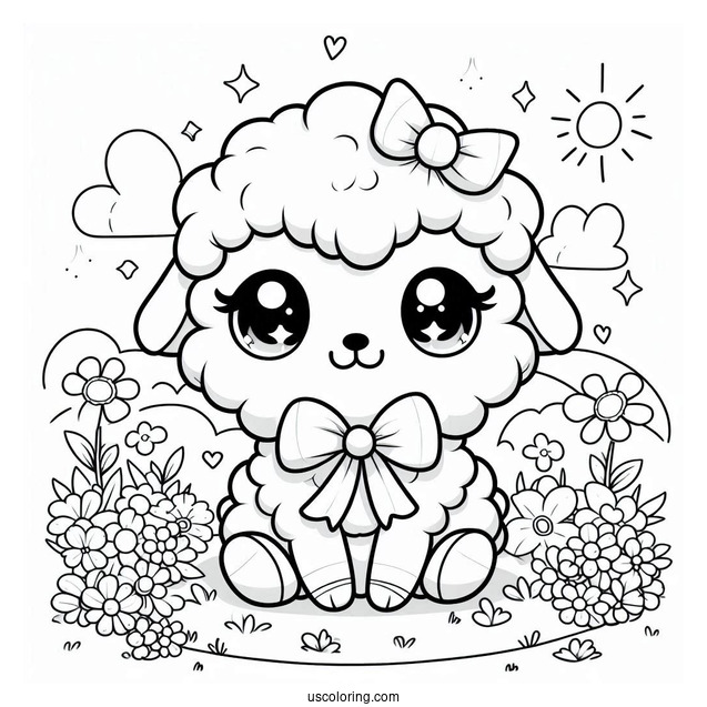 Kawaii Sheep With A Bow Sitting In The Middle Of A Garden In Spring