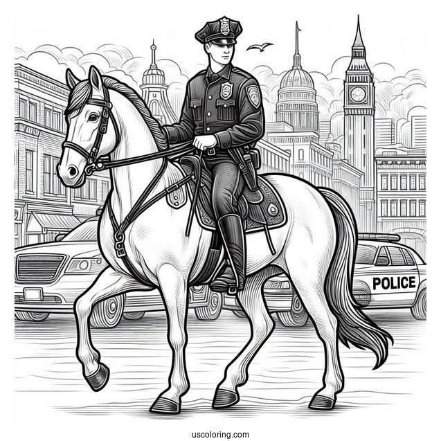 Mounted Police Officer On Horse To Color