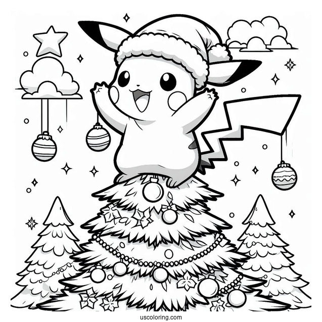 Pokemon Christmas Coloring Page Pikachu Waving From On Top Of A Christmas Tree For Kids