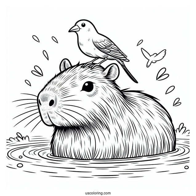 Bathing Capybara Coloring Page With Bird On Its Head