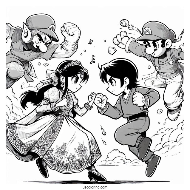 Super Smash Bros Coloring Page Of Characters Fighting For Kids