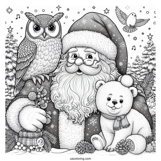 North Pole Coloring Page Of Realistic Santa Claus With An Owl And Polar Bears