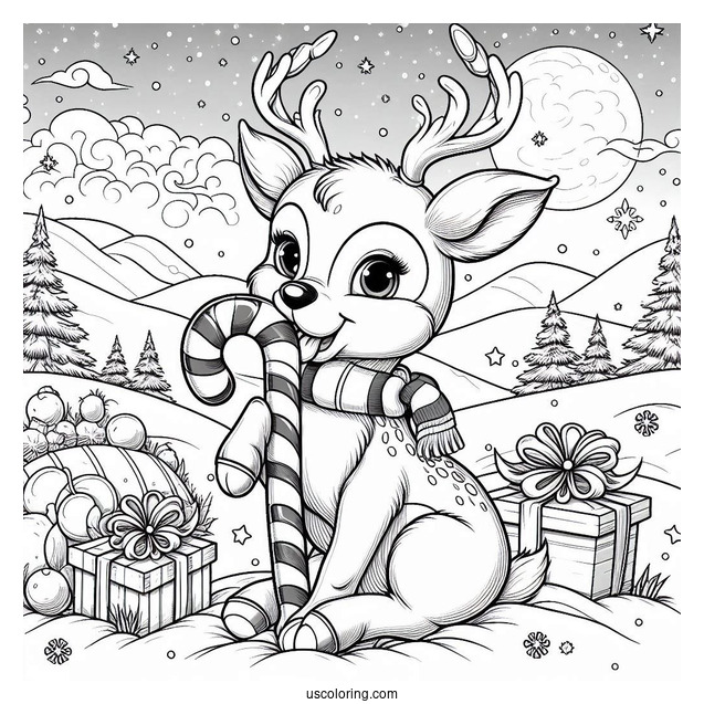 Christmas Coloring Pages For Adults Of Rudolph Biting Candy Cane In Snowy Landscape