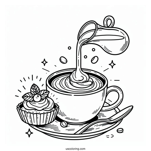 Milk Being Poured Into Coffee Coloring Pages Of Cup With Dessert On Table