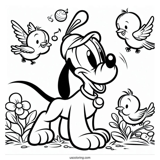 Pluto Coloring Page Playing With Birds