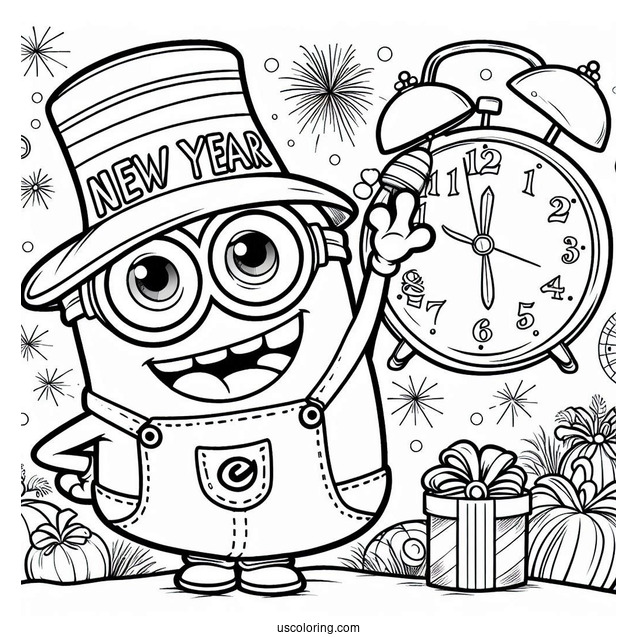 Cute Minion Waving While The Clock Strikes Twelve On New Year Coloring Page