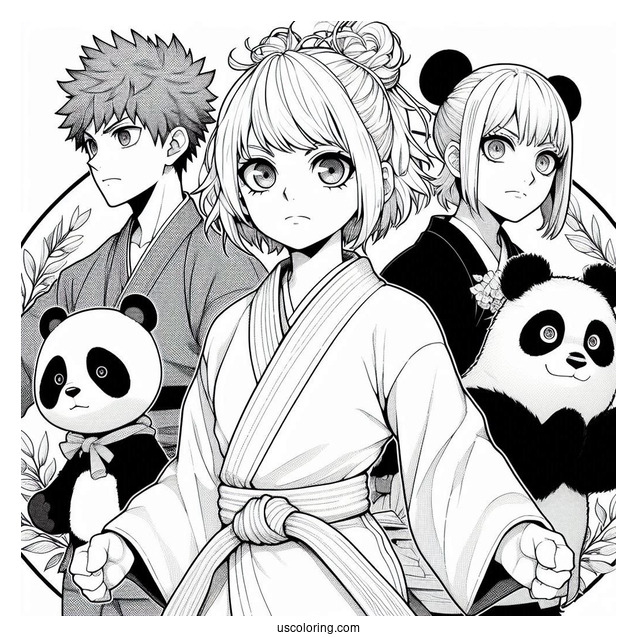 Manga Coloring Page Of Jujutsu Kaisen With Yuji, Nobara, Megumi, Gojo, Sukuna, Panda, Inumaki, And Maki