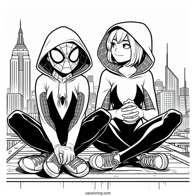 Miles Morales And Spider-Gwen Coloring Page Sitting Together On A Rooftop