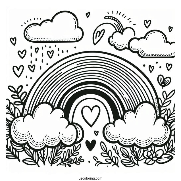 Rainbow Coloring Page With Love Heart Clouds